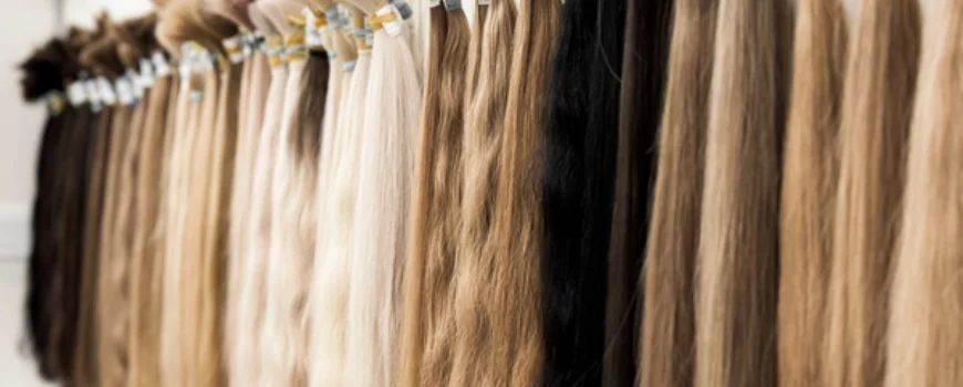 Various shades of hair extensions displayed in a salon showing different textures and lengths for styling