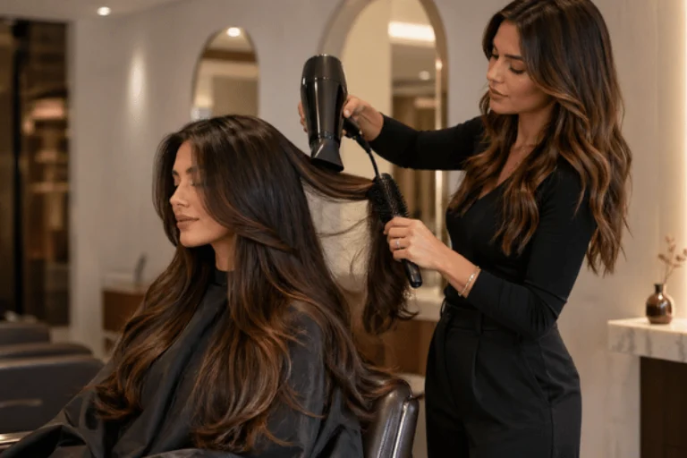 A hairstylist uses a round brush and dryer to create a smooth blowout with extensions in a warm salon