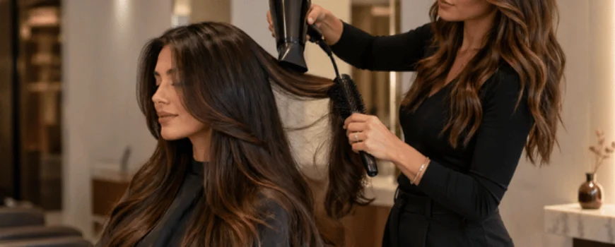 A hairstylist uses a round brush and dryer to create a smooth blowout with extensions in a warm salon