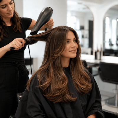 A client receives a polished blowdry bar service while the stylist shapes her hair with a brush