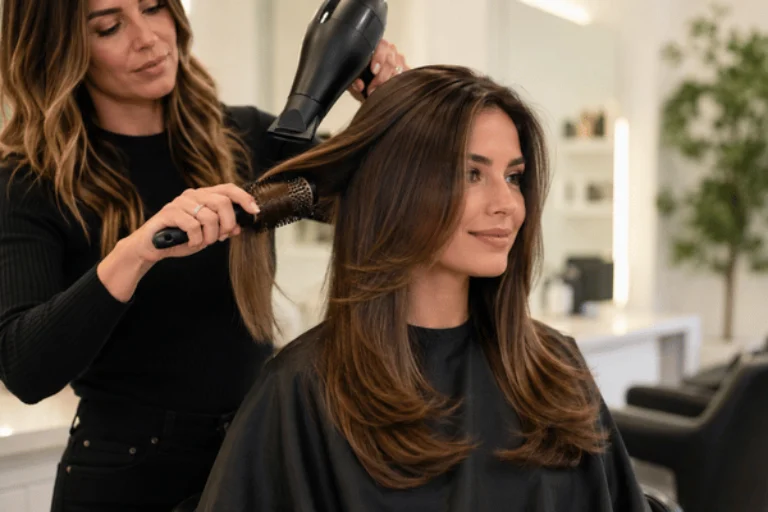 A stylist uses a round brush and dryer at a blowdry bar to create smooth styled hair