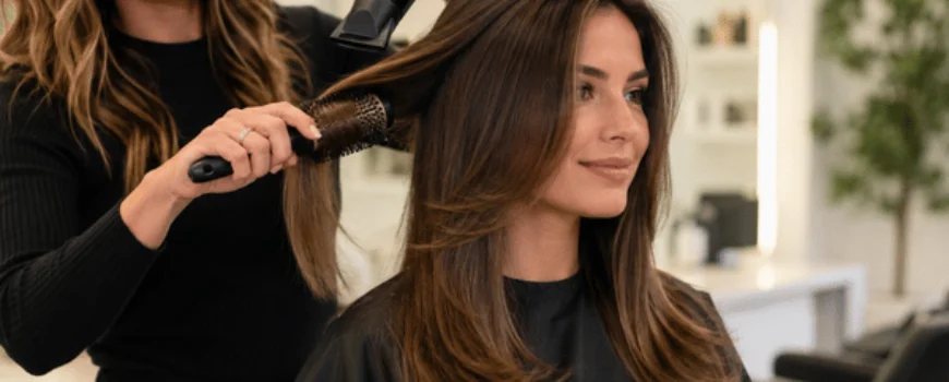A stylist uses a round brush and dryer at a blowdry bar to create smooth styled hair