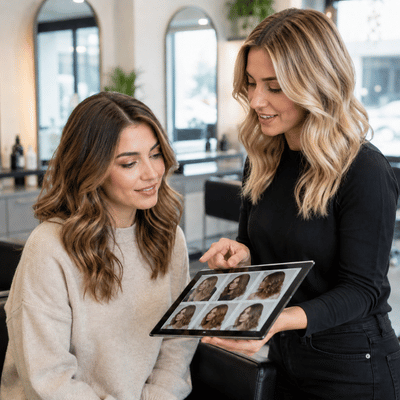 A blonde stylist helps a client review hairstyle options on a tablet inside a modern blowdry bar