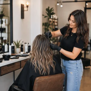 A hairstylist applies color to a client’s hair at a styling station inside one of the hair salons in Waco