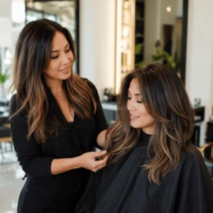 A hairstylist reviews the finished layers and color with a smiling client at one of the hair salons in Waco